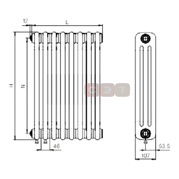 Радиатор стальной 3х трубный Rifar TUBOG 06 секций (в. 1800мм, подкл. -  донное центрадбное) цвет антрацит 